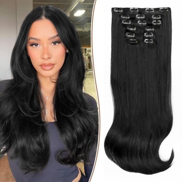 New 20 Inch Black Clip-in Hair Extensions, Thick Long Straight Layered Lace Weft - Picture 1 of 8